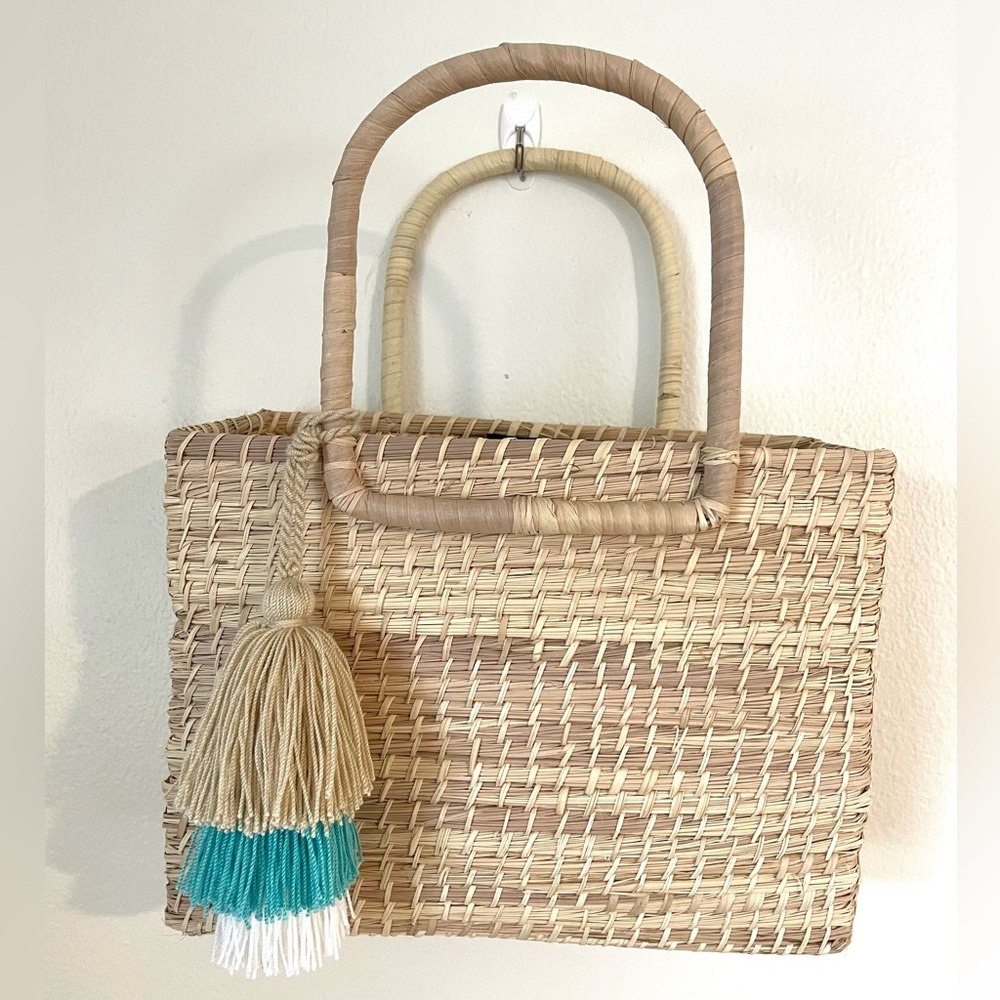 Handwoven Tan and Teal Tote Bag